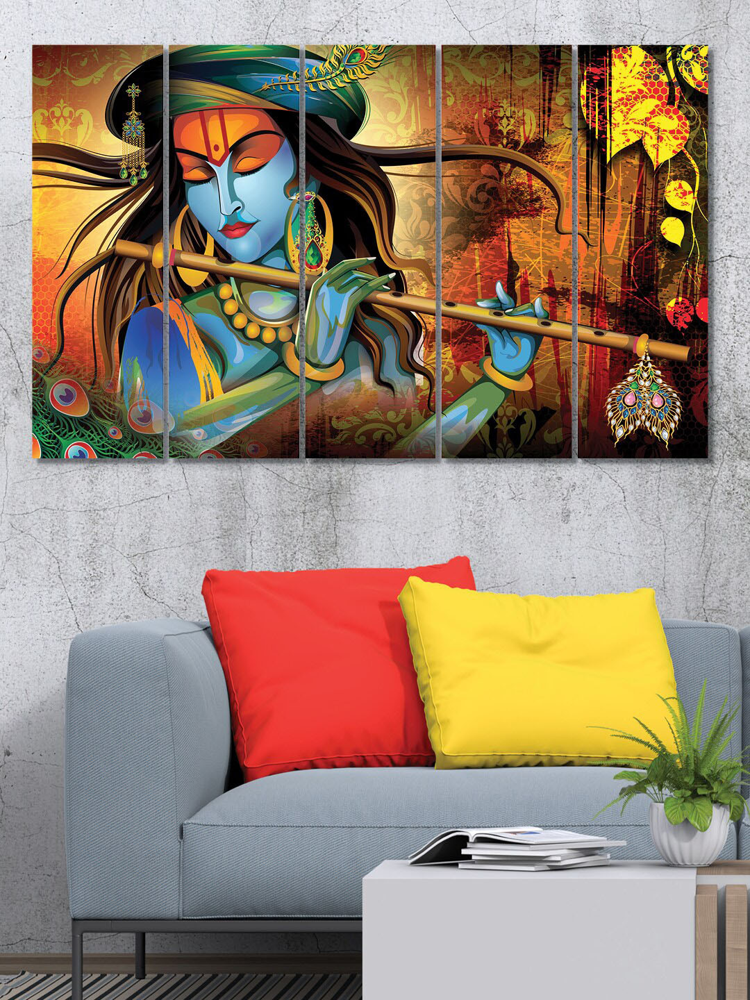 RANDOM 5 Pieces Blue & Orange Beautiful Krishna Framed MDF Vinyle Painting