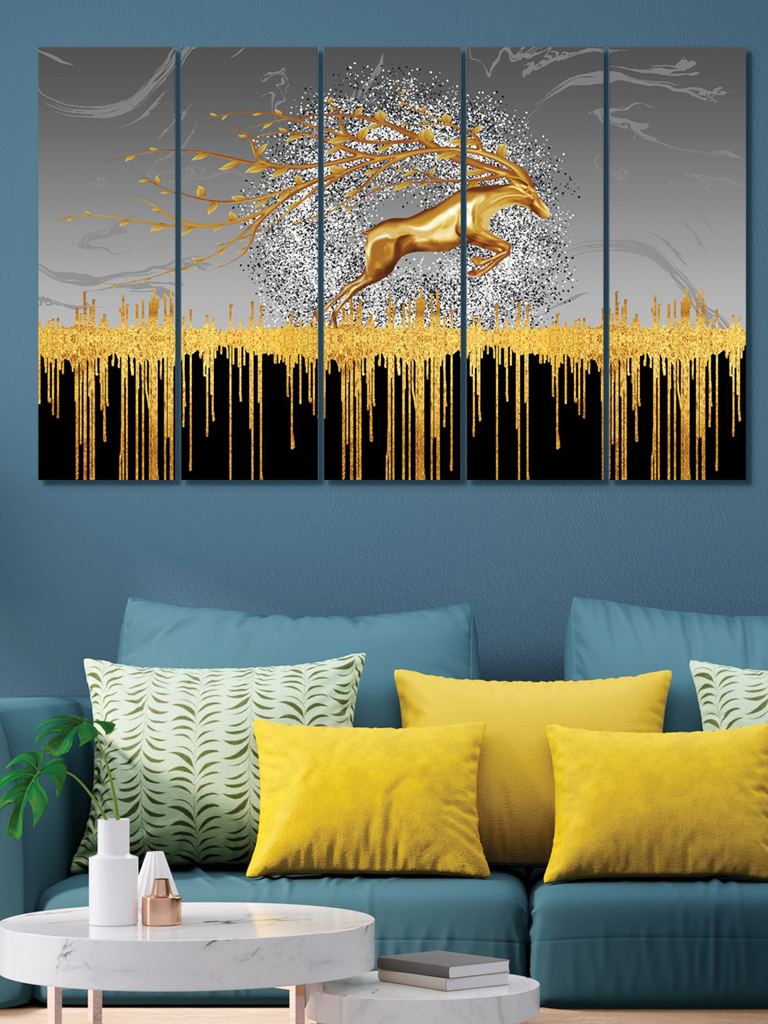 RANDOM 5 Pieces Grey Gold Toned Printed Jumping Deer Framed Wall Painting