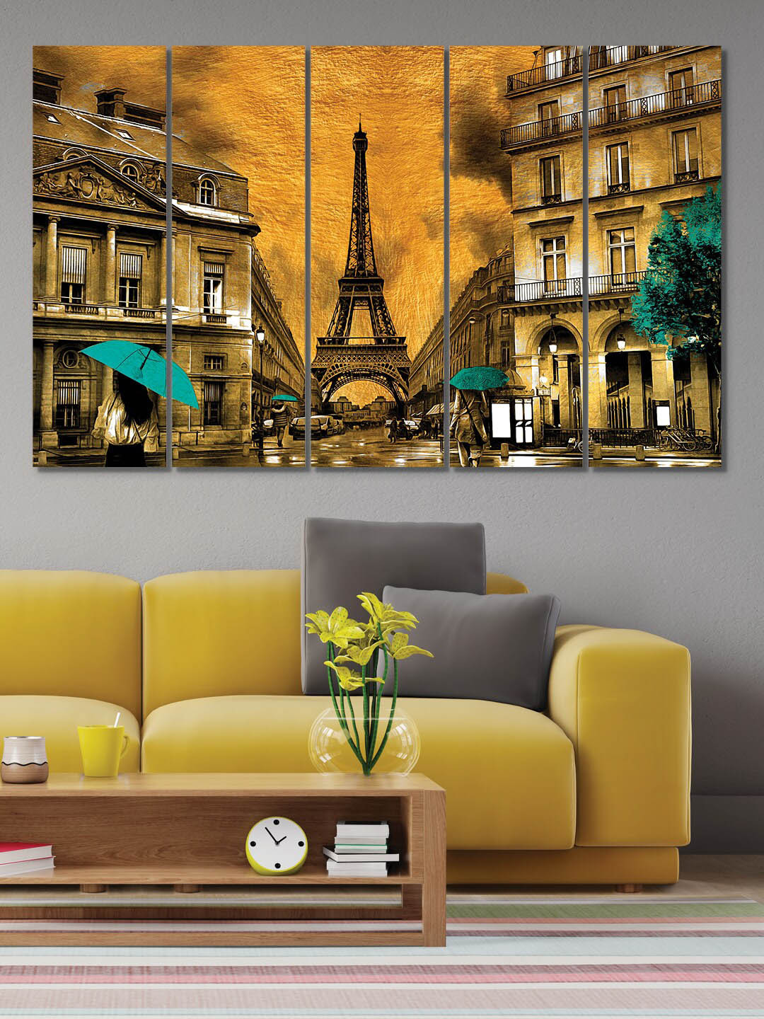 RANDOM 5 Pieces Yellow Blue Printed Vintage Art Framed Wall Painting