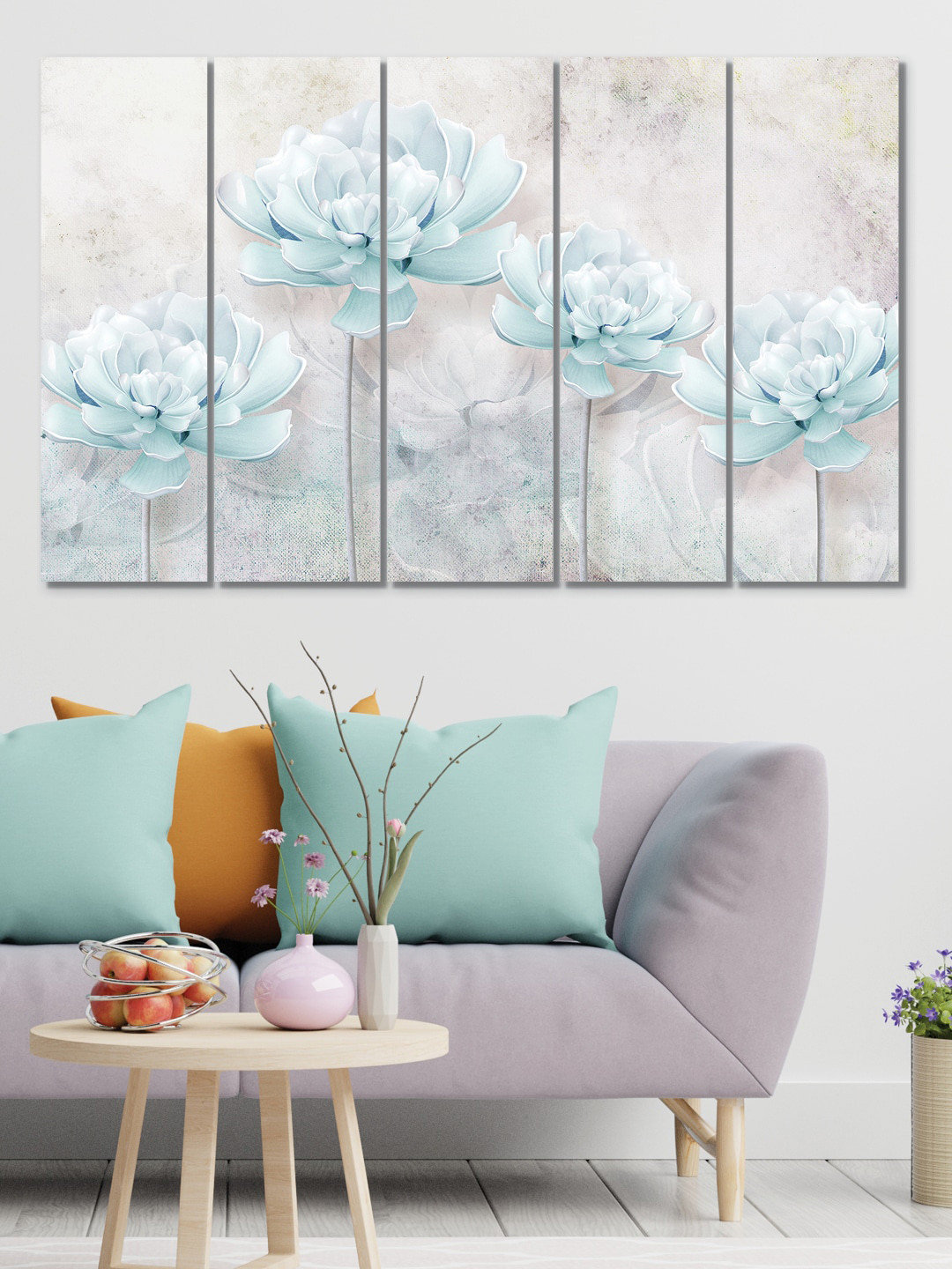 RANDOM 5 Pieces White & Blue Printed Lotus Framed Wall Painting