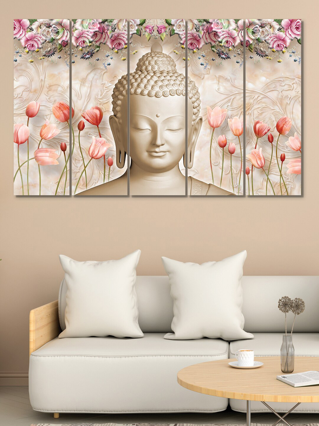 RANDOM Pack Of 5 Beige Pink Lord Buddha With Flowers MDF Vinyle Painting