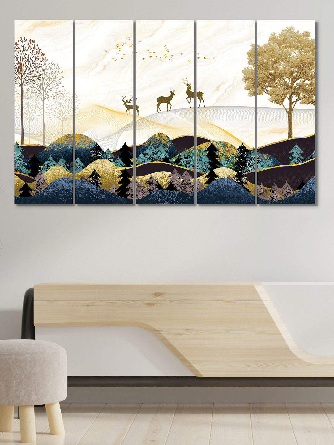 RANDOM Pack Of 5 Blue Green Printed Nature Art MDF Vinyle Painting