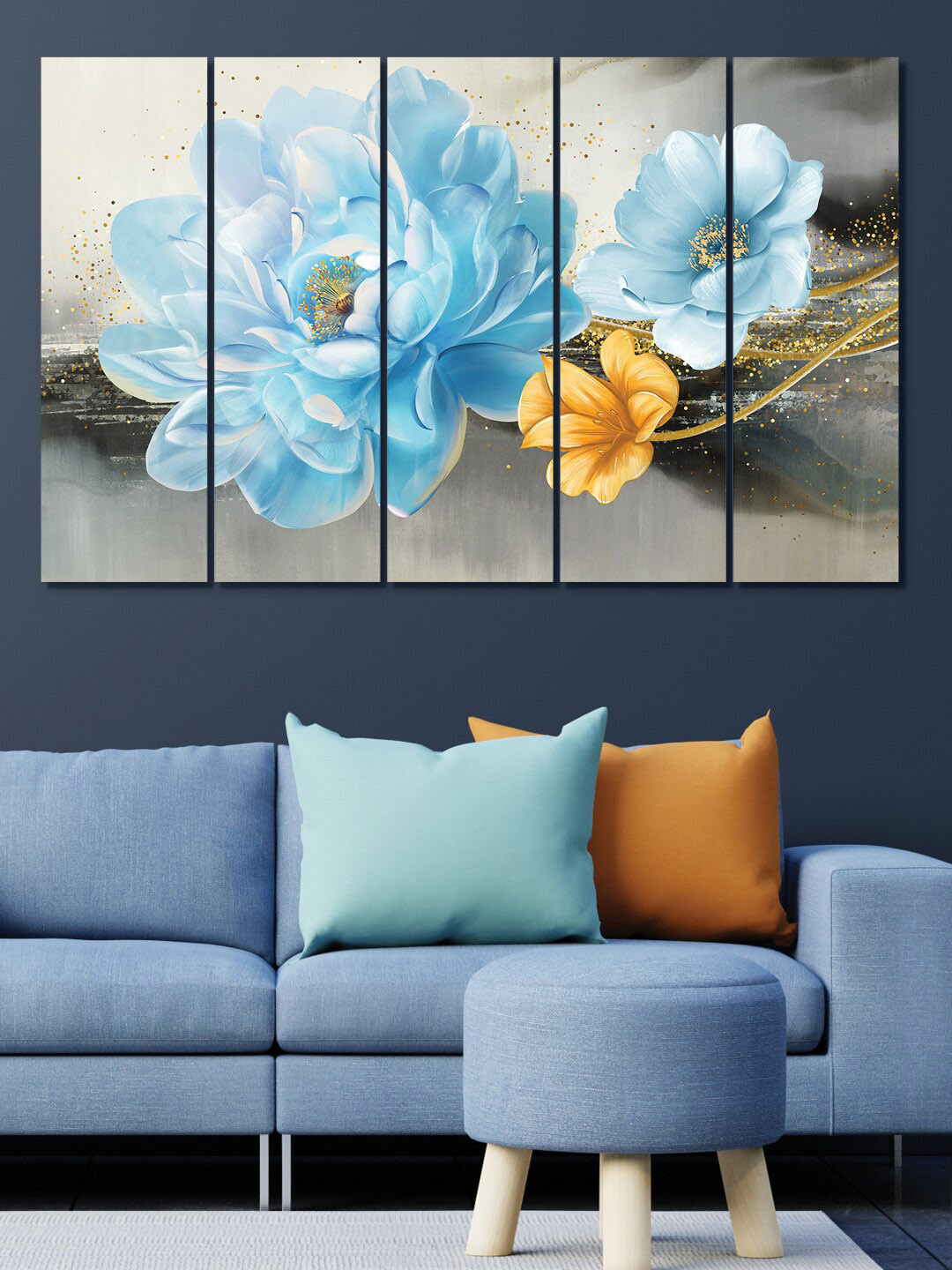 RANDOM Pack Of 5 Blue Yellow Printed Blooming Flower Framed Wall Painting