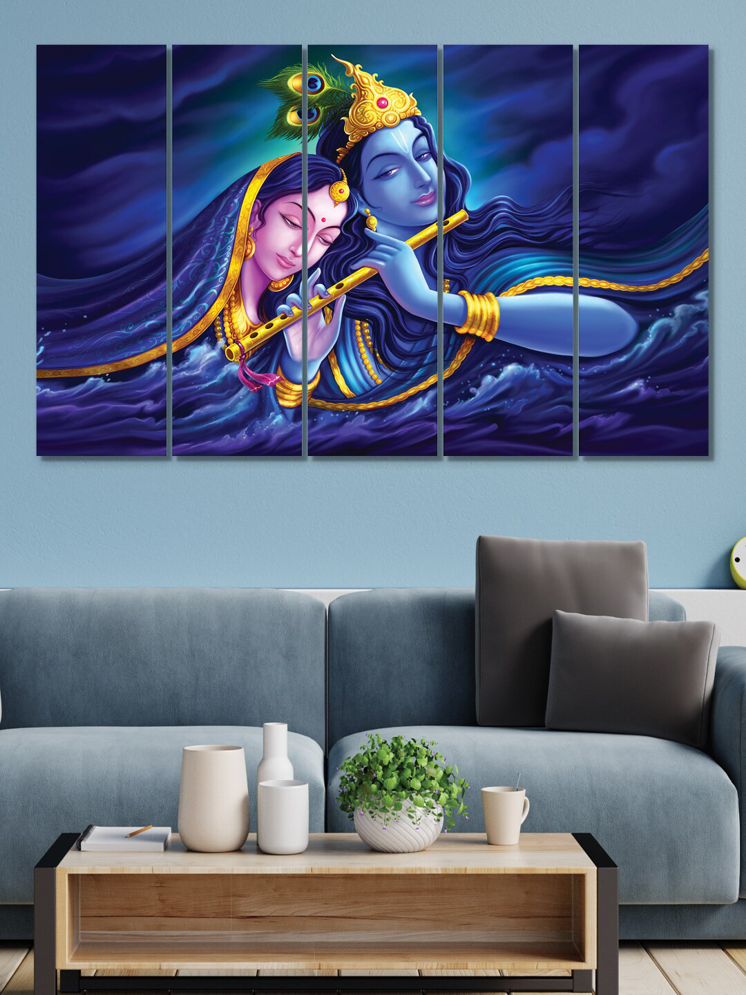 RANDOM 5 Pcs Blue Radha Krishna MDF Vinyle Painting