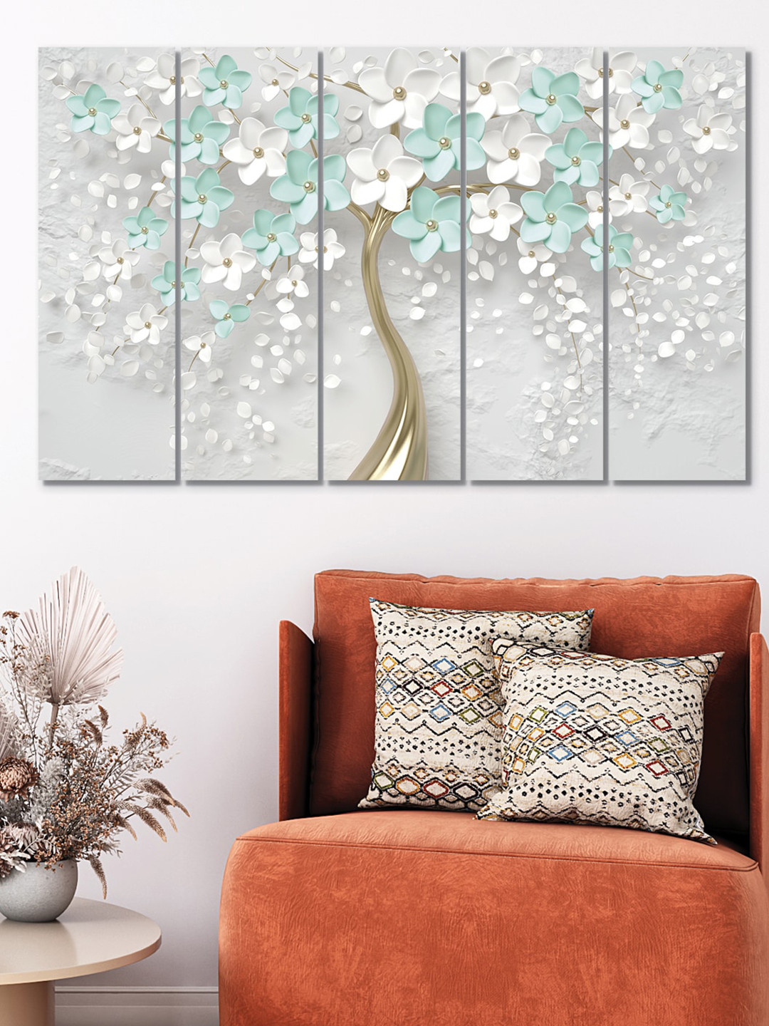 RANDOM 5 Pieces White Blue Printed Jasmine Framed Wall Painting