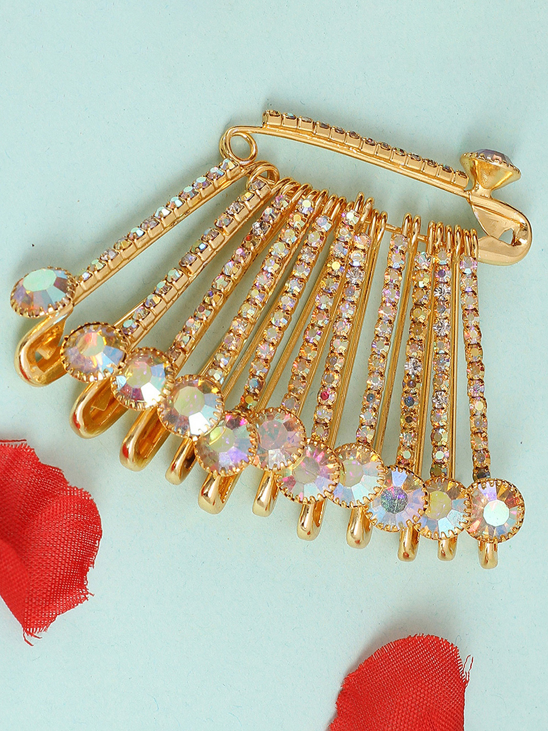 VAMA 12 Pcs Gold Plated Rhinestone X Shape Safety Saree Pleats Pin Brooch