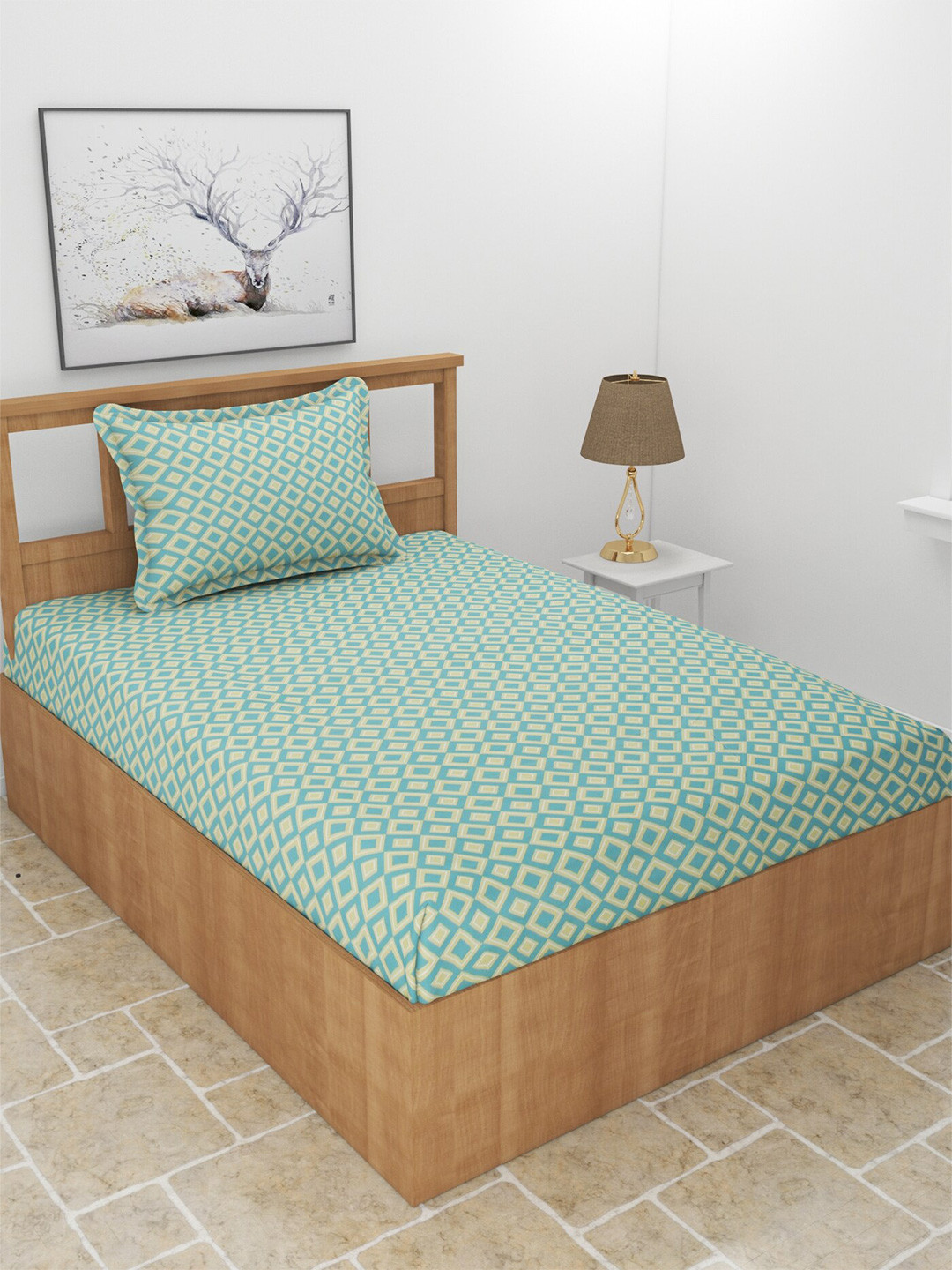 MORADO Diamond Blue Geometric Polycotton 210 TC Single Superfine Bedsheet with a Pillow Cover-60 x 90 inches