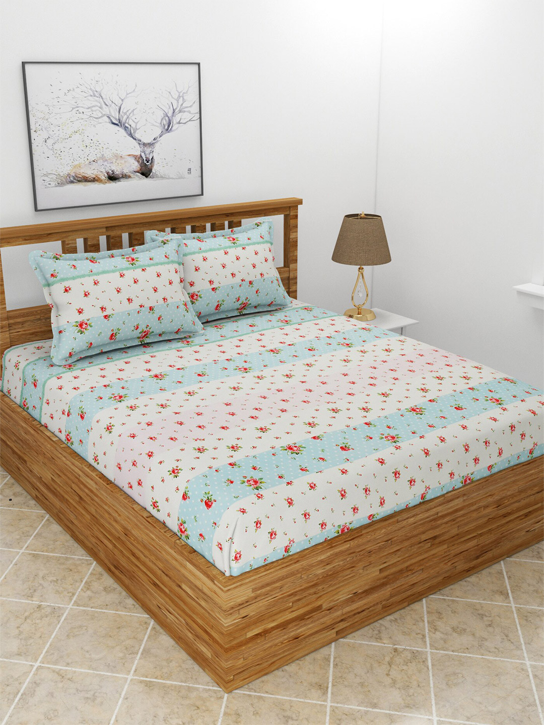 MORADO Snow Off White Floral Polycotton 210 TC Queen Fine Bedsheet with 2 Pillow Covers-90 x 100 inches