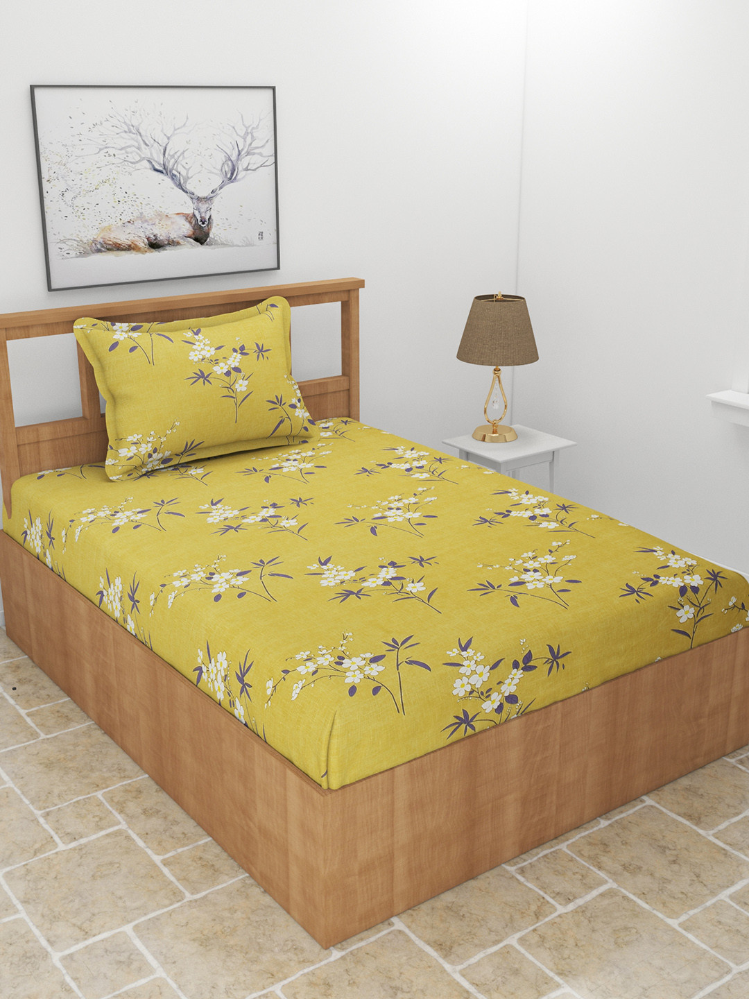 MORADO Lime Green Floral Polycotton 210 TC Single Superfine Bedsheet with a Pillow Cover-90 x 60 inches