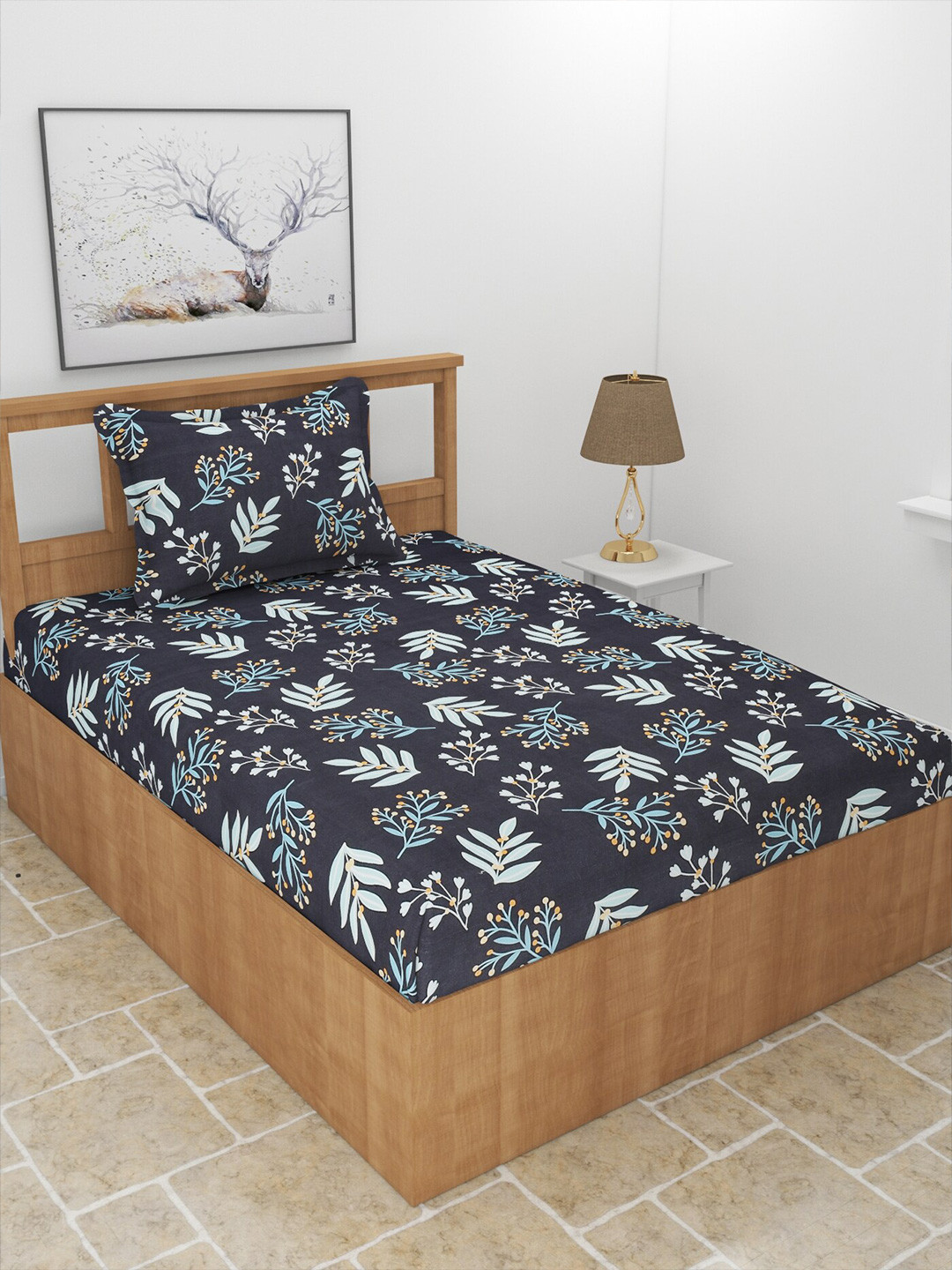 MORADO Snow Black Floral Polycotton 210 TC Single Fine Bedsheet with a Pillow Cover-60 x 90 inches