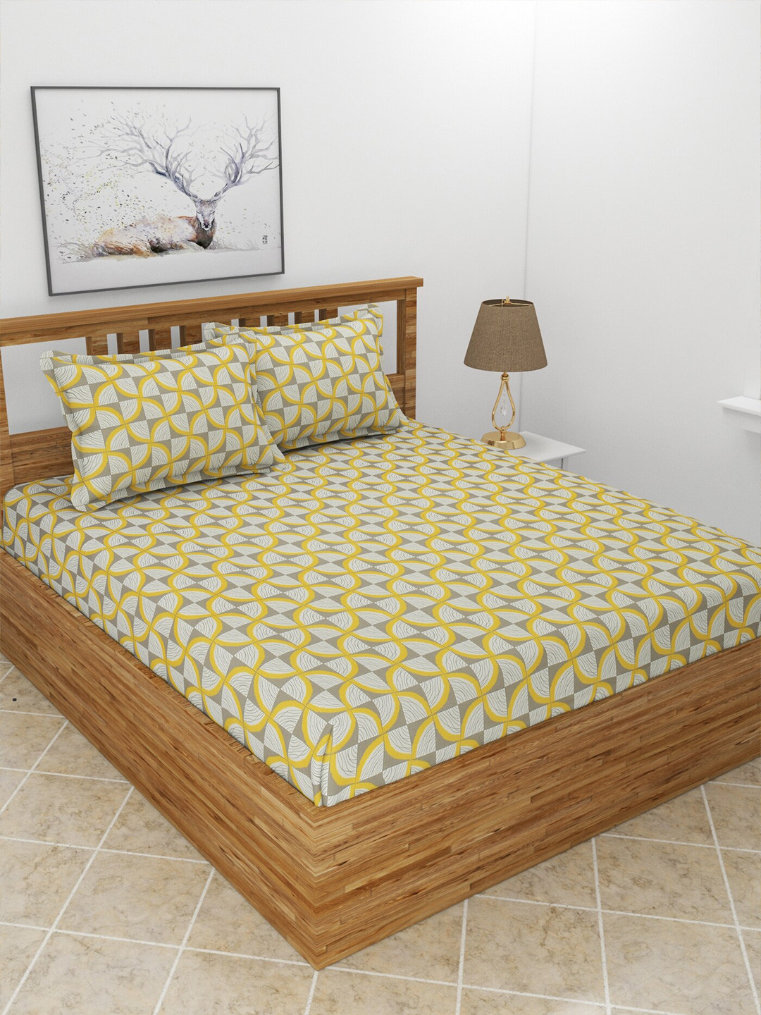 MORADO Maple Yellow Conversational Polycotton 210 TC Queen Fine Bedsheet with 2 Pillow Covers-90 x 100 inches