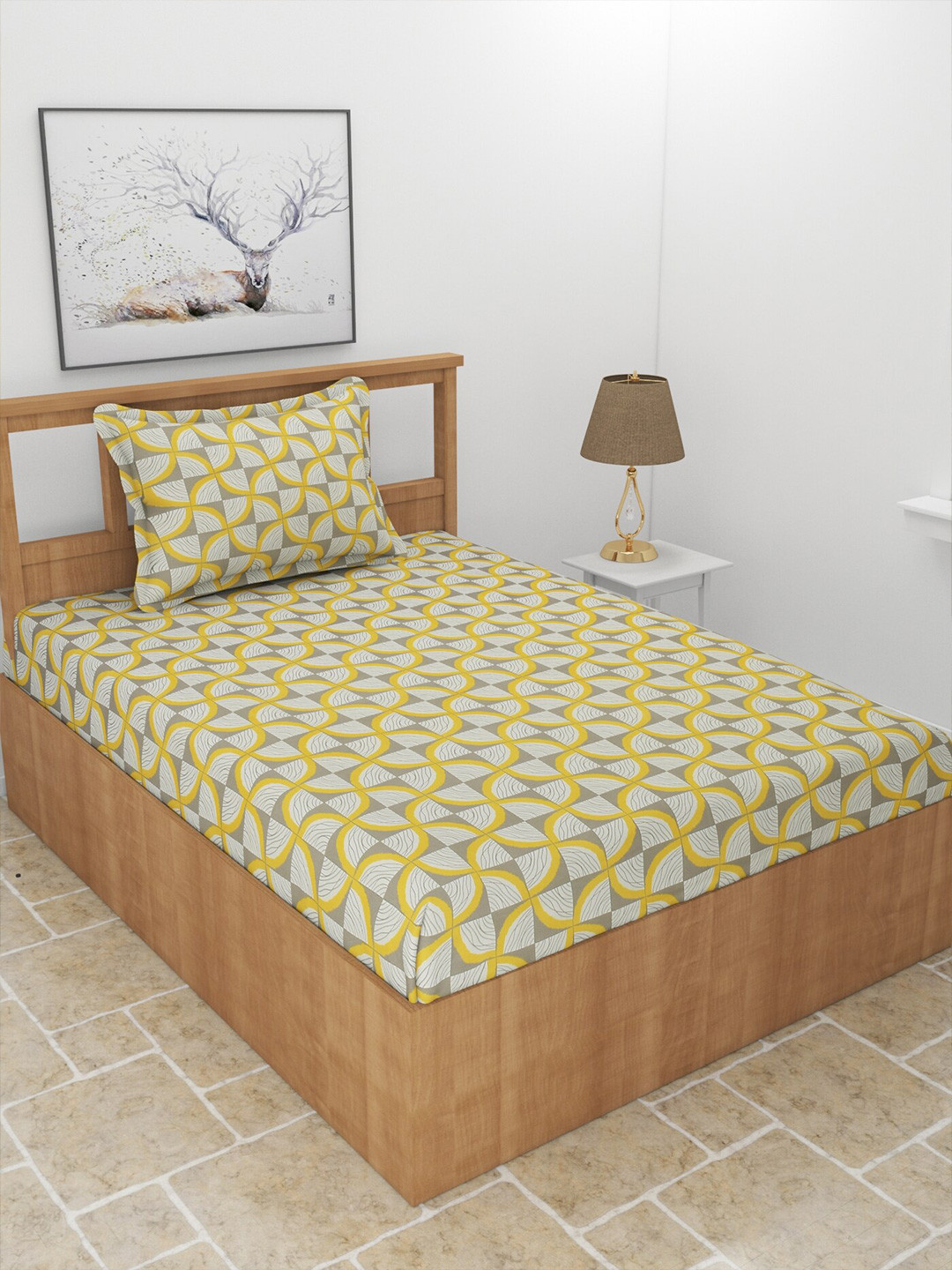 MORADO Maple Yellow Conversational Polycotton 210 TC Single Fine Bedsheet with a Pillow Cover-60 x 90 inches