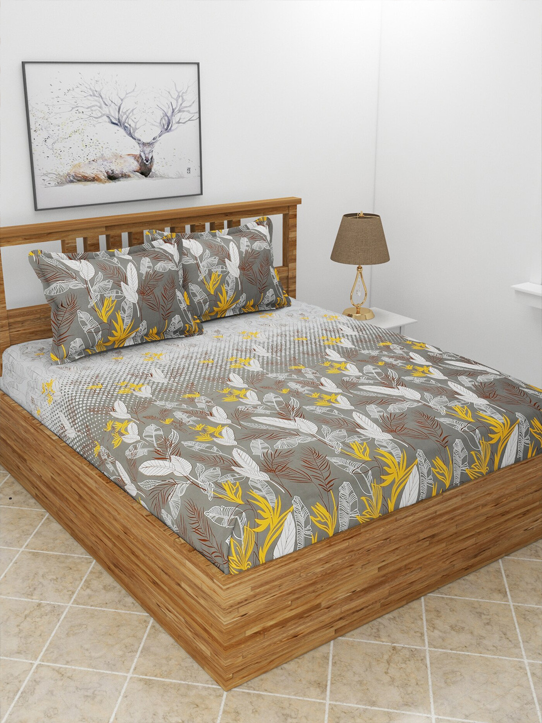 MORADO Maple Charcoal Leaf Polycotton 210 TC Queen Fine Bedsheet with 2 Pillow Covers-228 x 254 cm