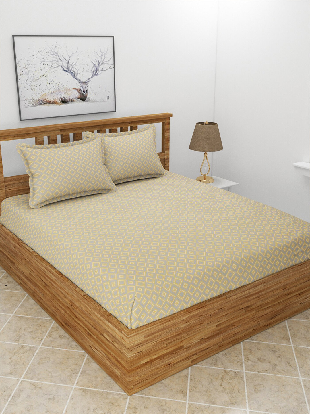 MORADO Maple Beige Geometric Polycotton 210 TC Queen Fine Bedsheet with 2 Pillow Covers-90 x 100 inches