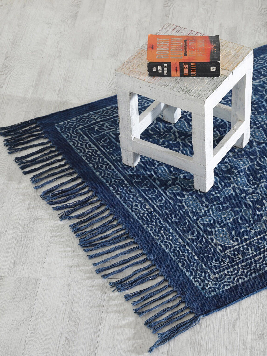 HANDICRAFT PALACE Blue & White Printed Rectangular Cotton Carpet
