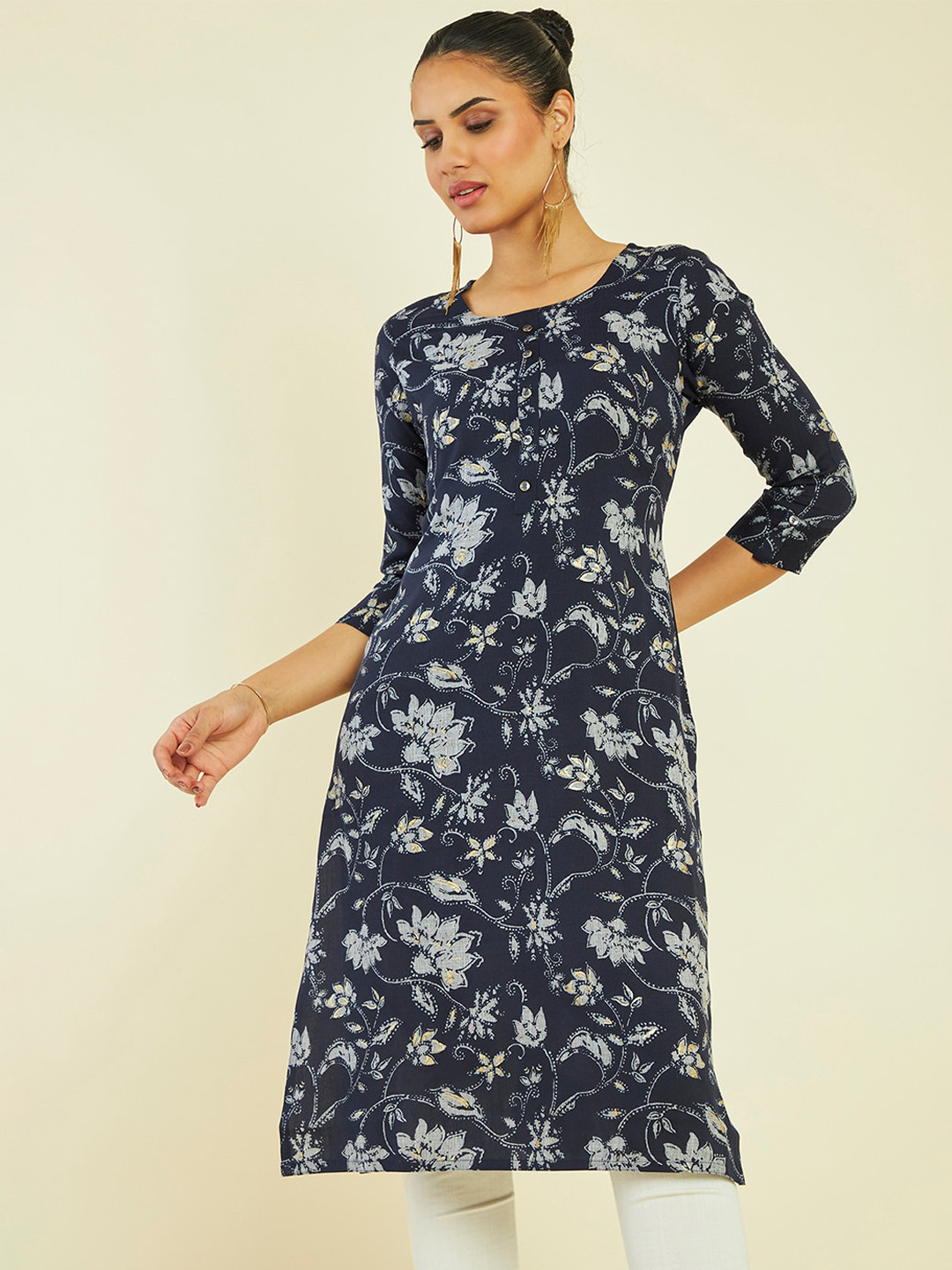Soch Floral Printed Roll Up Sleeves Straight Kurta