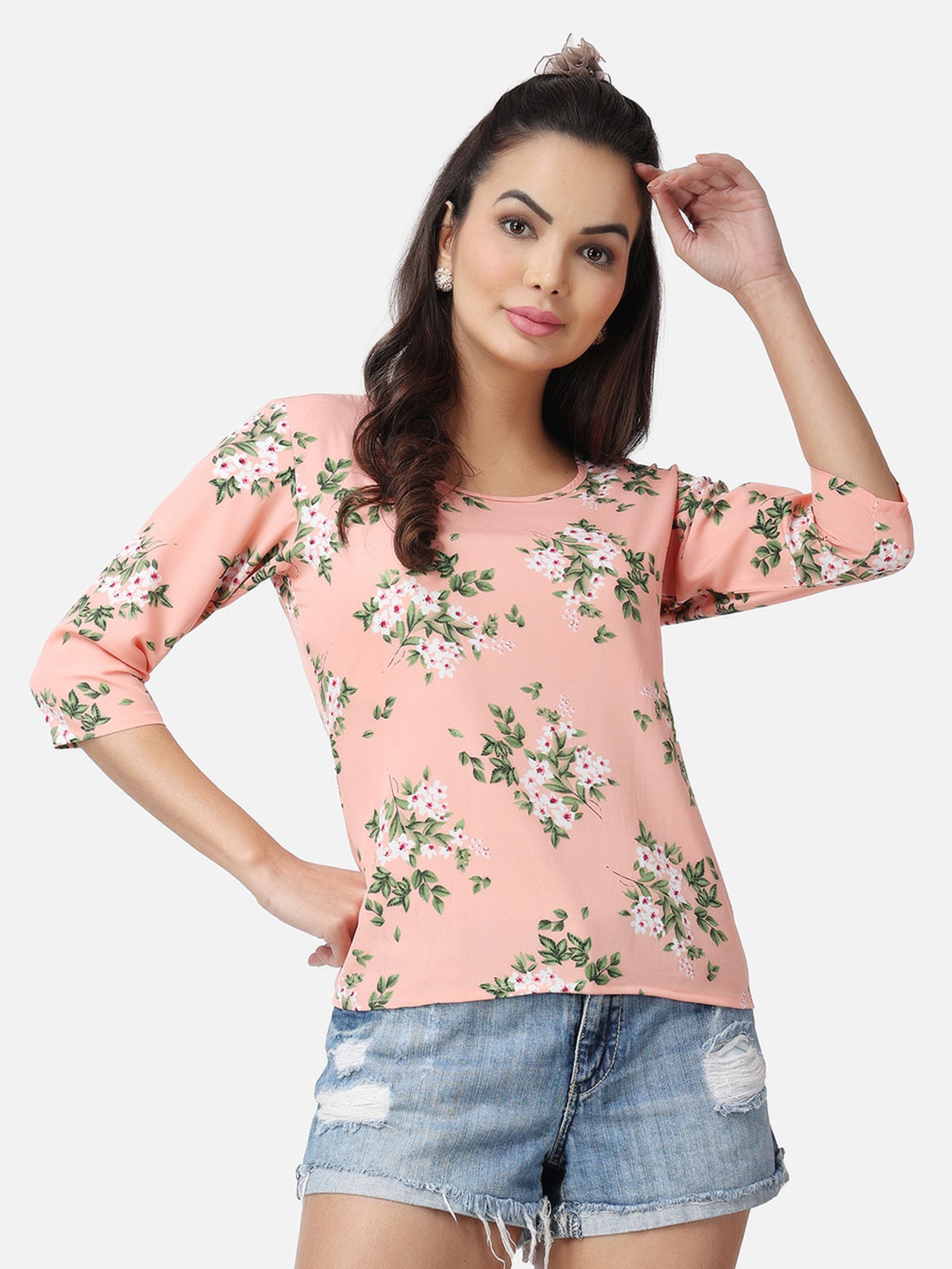 Popwings Floral Printed Round Neck Three-Quarter Sleeves Top