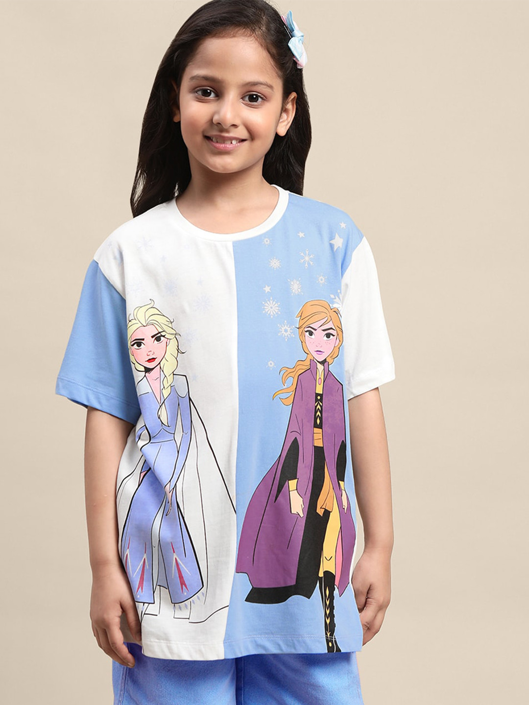 Kids Ville Girls Elsa & Anna Printed Drop-Shoulder Sleeves Cotton T-Shirt
