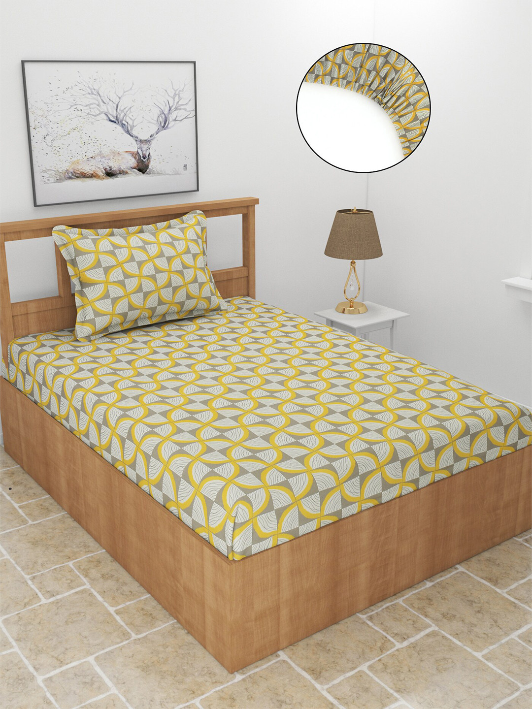 MORADO Maple Yellow Geometric Polycotton 210 TC Fitted Single Fine Bedsheet with a Pillow Cover-28 x 78 inches