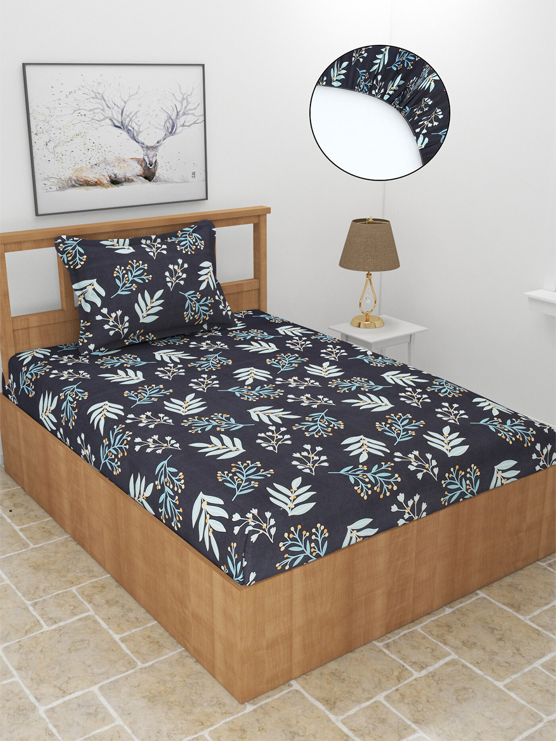 MORADO Snowd Black Floral Polycotton 210 TC Fitted Single Fine Bedsheet with a Pillow Cover-71 x 198 cm