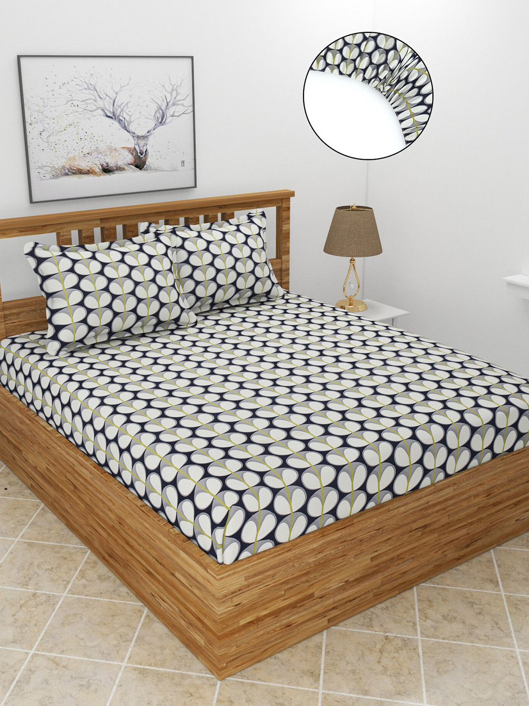 MORADO Snowd_Dbs Black Ethnic Motifs Polycotton 210 TC Fitted Queen Superfine Bedsheet with 2 Pillow Covers-72 x 78 inches