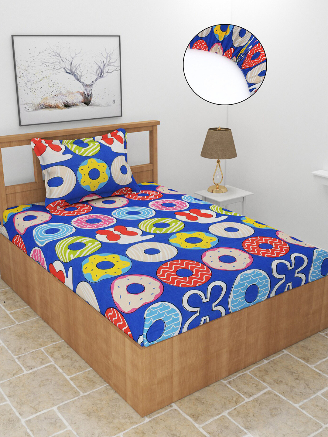 MORADO Teen Blue Conversational Polycotton Skin-Friendly 210 TC Fitted Single Fine Bedsheet with a Pillow Cover-71.12 x 198.12 cm