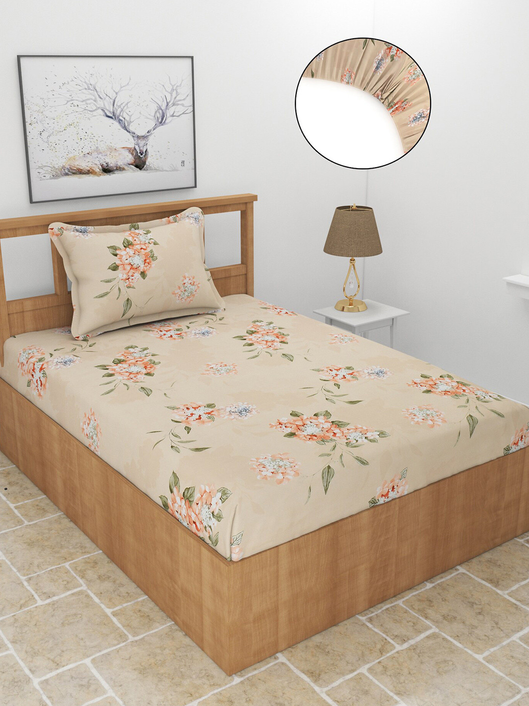 MORADO Maple Beige Floral Polycotton 210 TC Fitted Single Fine Bedsheet with a Pillow Cover-91 x 198 cm