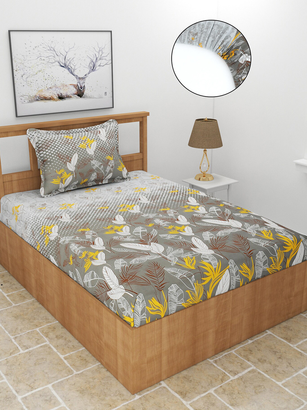 MORADO Charcoal Leaf Polycotton 210 TC Fitted Single Fine Bedsheet with a Pillow Cover-28 x 78 inches