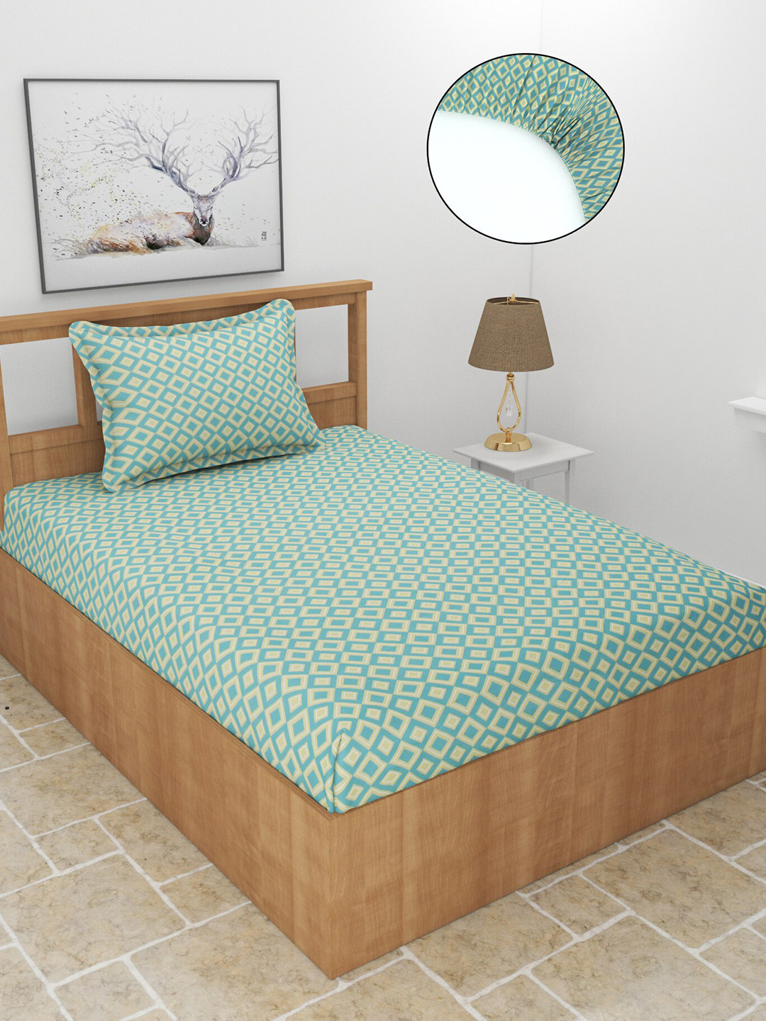 MORADO Maple Blue Geometric Polycotton 210 TC Fitted Single Superfine Bedsheet with a Pillow Cover-91 x 198 x 20 cm