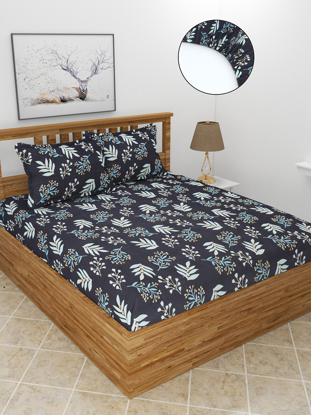 MORADO Snowd_Dbs Black Leaf Polycotton 210 TC Fitted Queen Fine Bedsheet with 2 Pillow Covers-72 x 78 inches