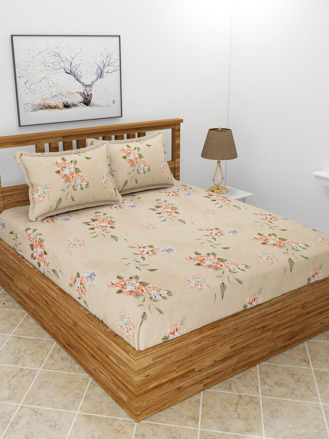MORADO Maple Peach Floral Polycotton 210 TC Fitted Queen Superfine Bedsheet with 2 Pillow Covers-182 x 198 cm