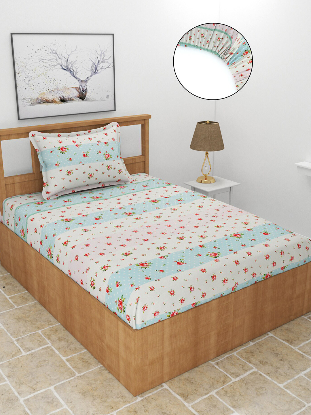 MORADO Book Fold Off White Floral Polycotton 210 TC Fitted Single Fine Bedsheet with a Pillow Cover-78 x 80 inches