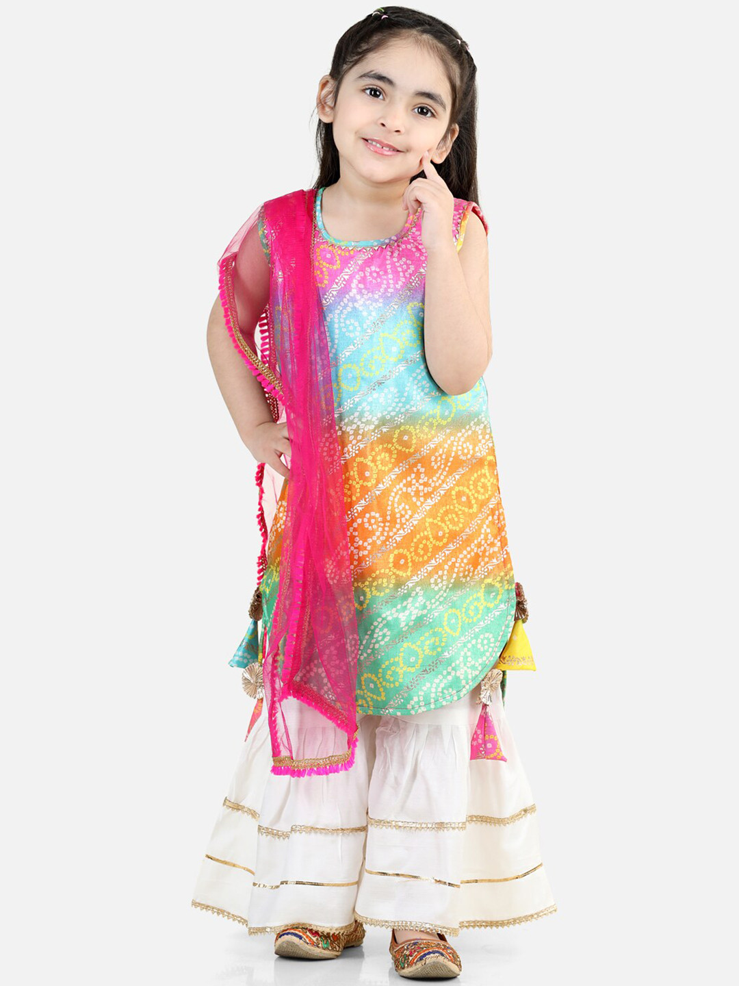 Here&Now X Kinder KidsGirls Bandhani Printed Curved Pure Cotton Kurta with Sharara & Dupatta