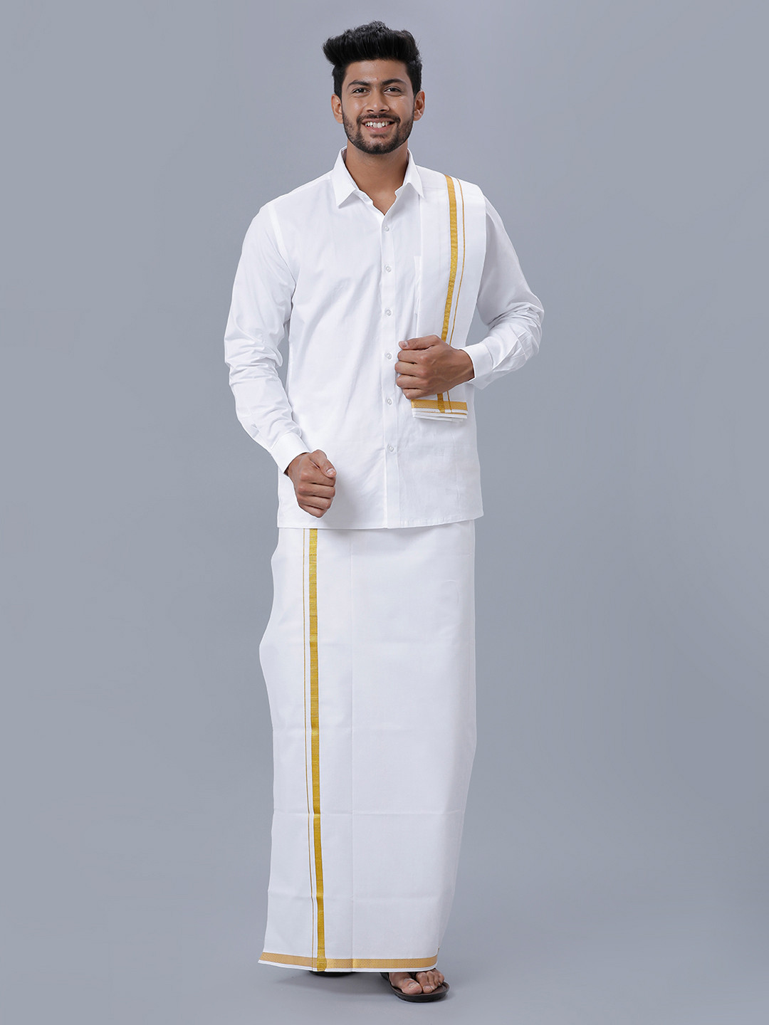 Ramraj Men White Shirt With Veshti & Towel