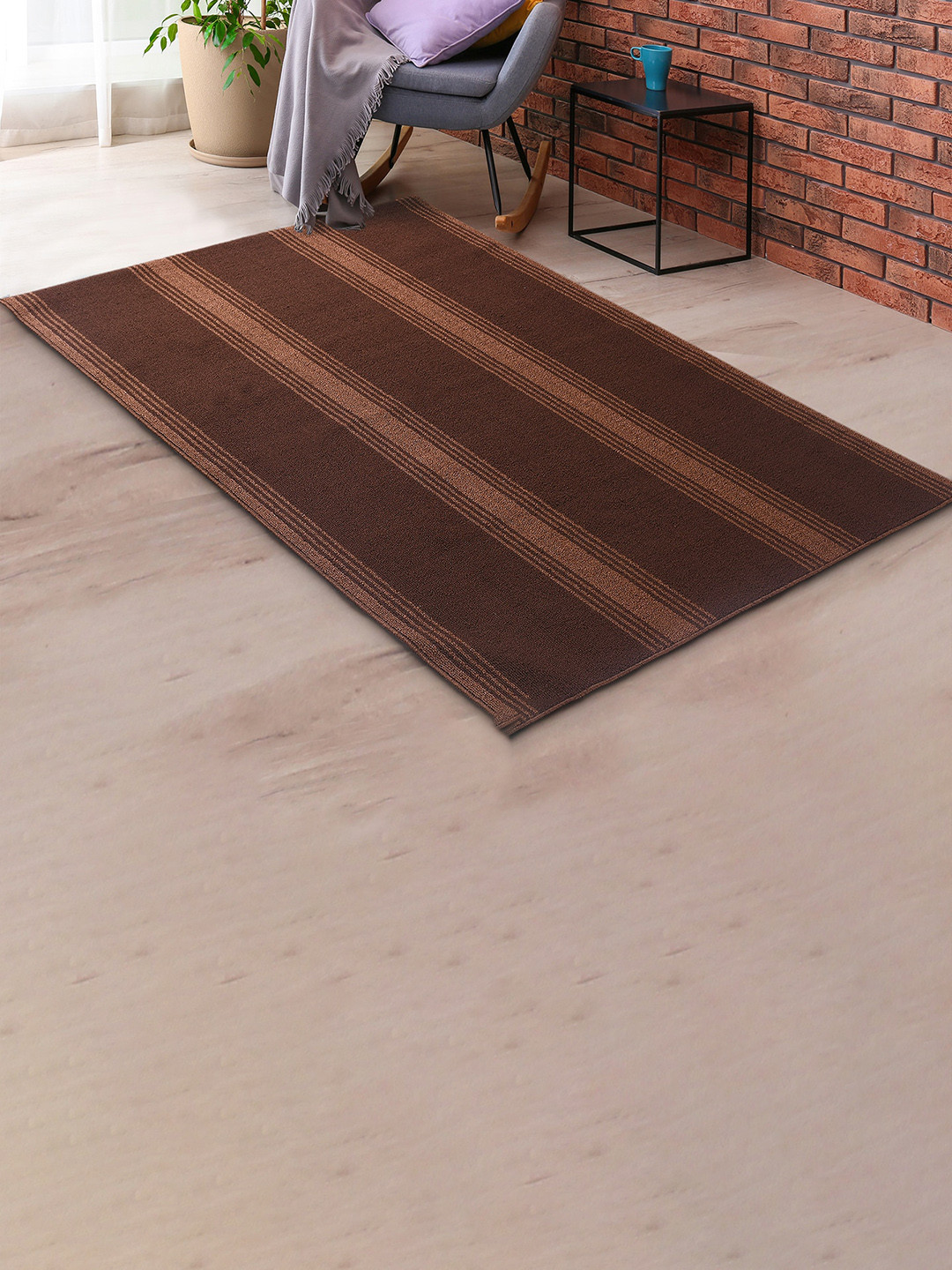 Saral Home Power Brown Striped Anti-skid & Washable Carpet