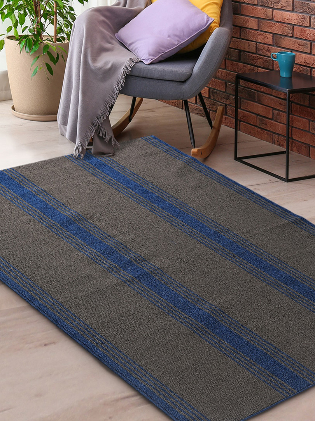 Saral Home Grey & Blue Striped Anti-skid & Washable Carpet