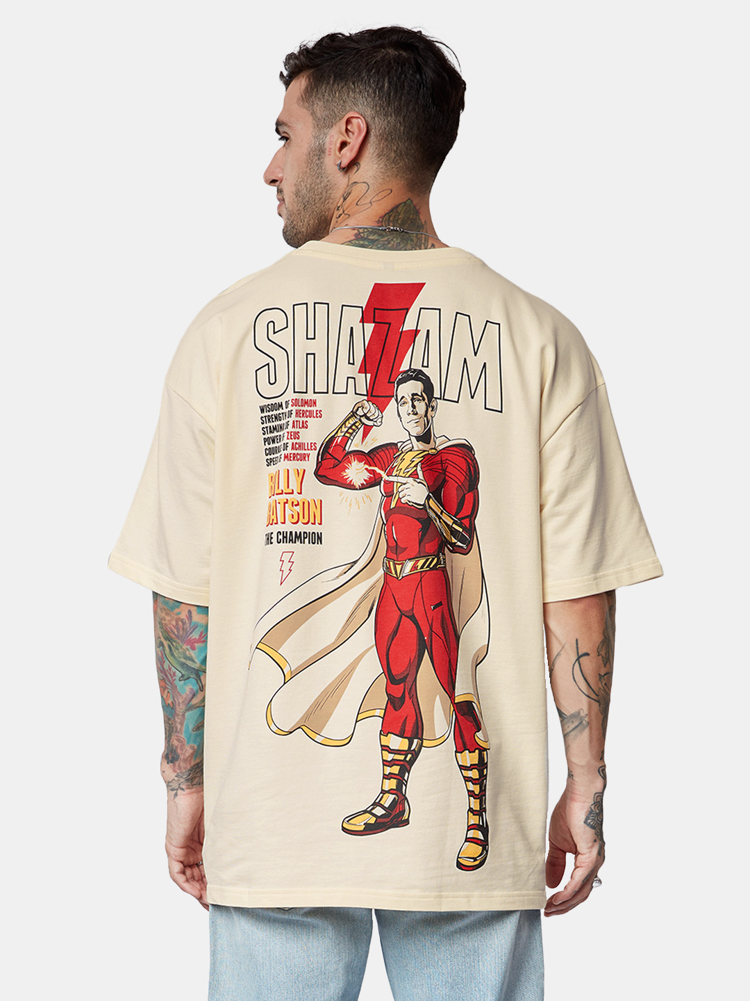 The Souled Store Beige Superhero Printed Drop Shoulder Sleeves Pure Cotton Oversized T-Shirt