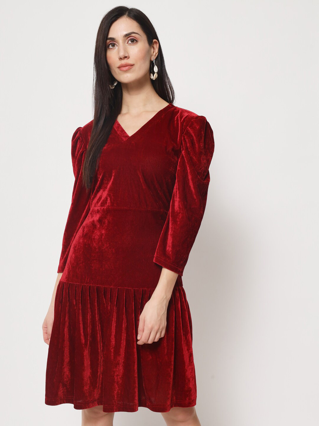 Rudraaksha Creations V-Neck Velvet Drop-Waist Dress