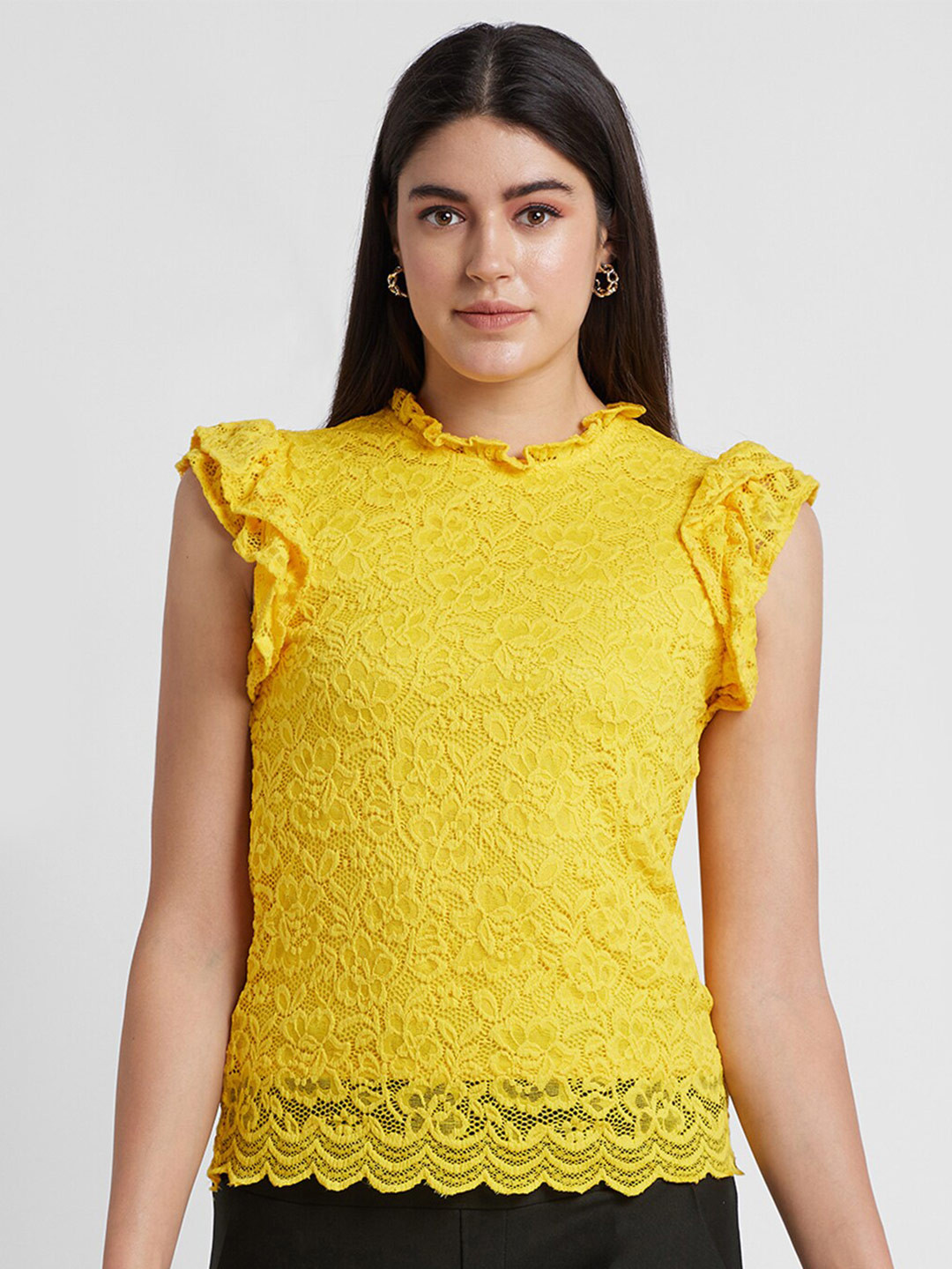 Globus Lace Self Design Futter Sleeves High Neck Top