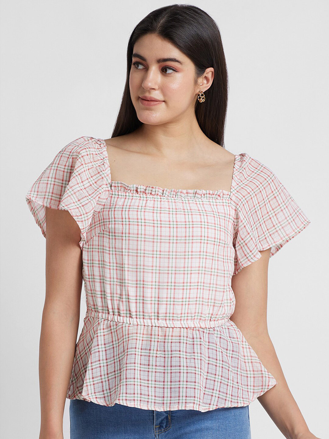 Globus Checked Square Neck Flared Sleeves Peplum Top