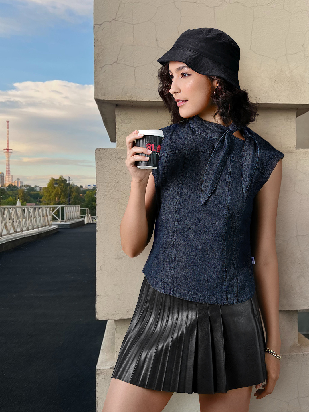 Levis Navy Extended Sleeves Pure Cotton Chambray Top With Tie Up Detailing
