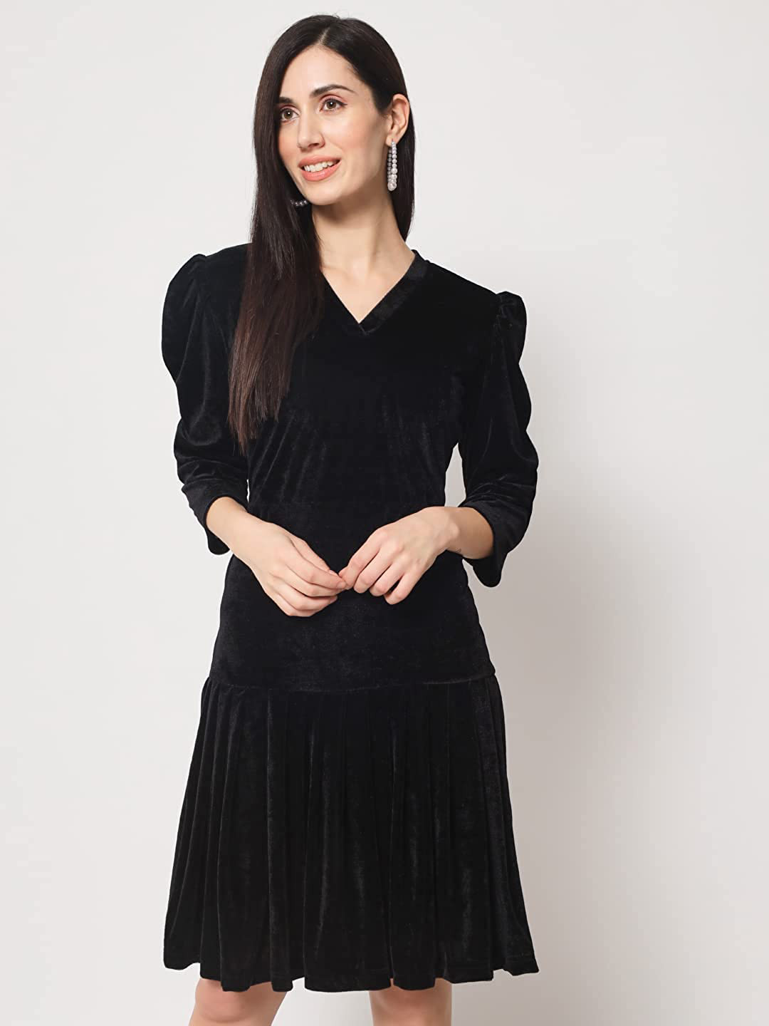 Rudraaksha Creations Velvet V-Neck Drop-Waist Dress