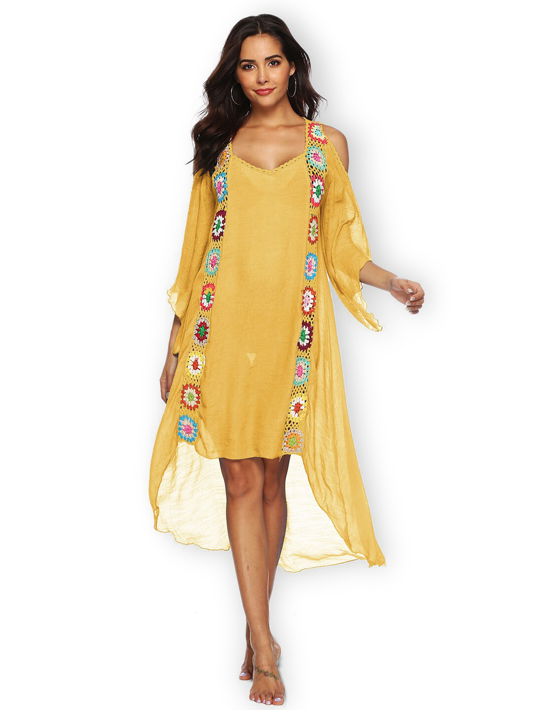 JC Collection Self Design Cold-Shoulder Sleeves High-Low Cover Up Dress