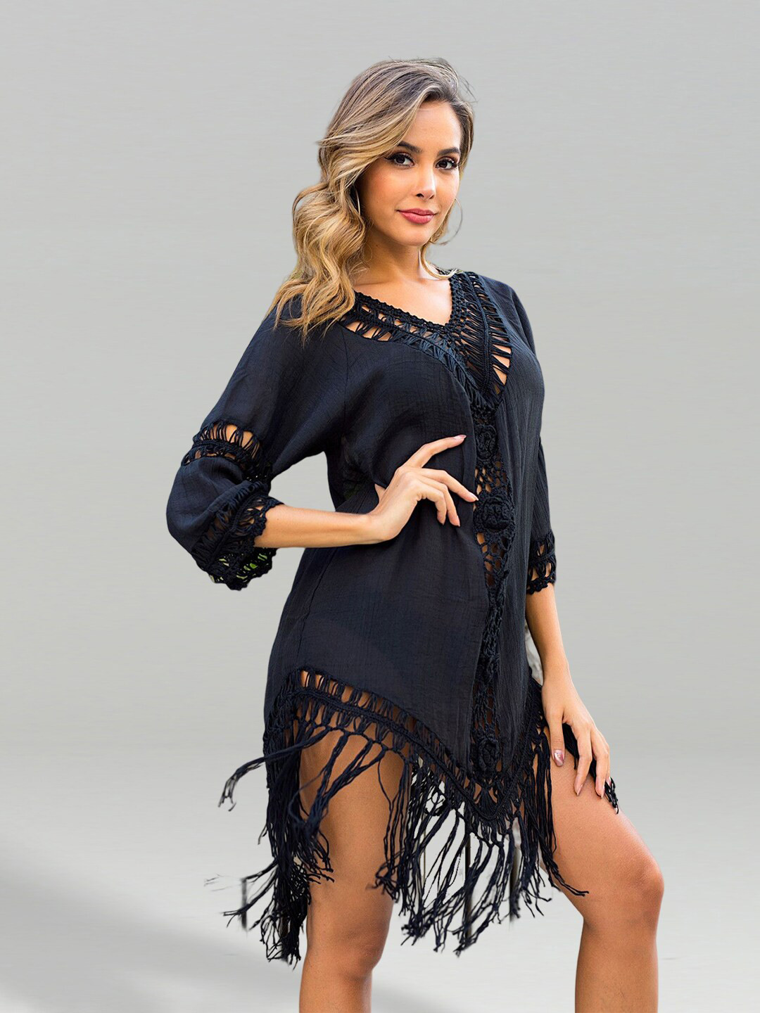 JC Collection Self Design V-Neck Cover Up Top