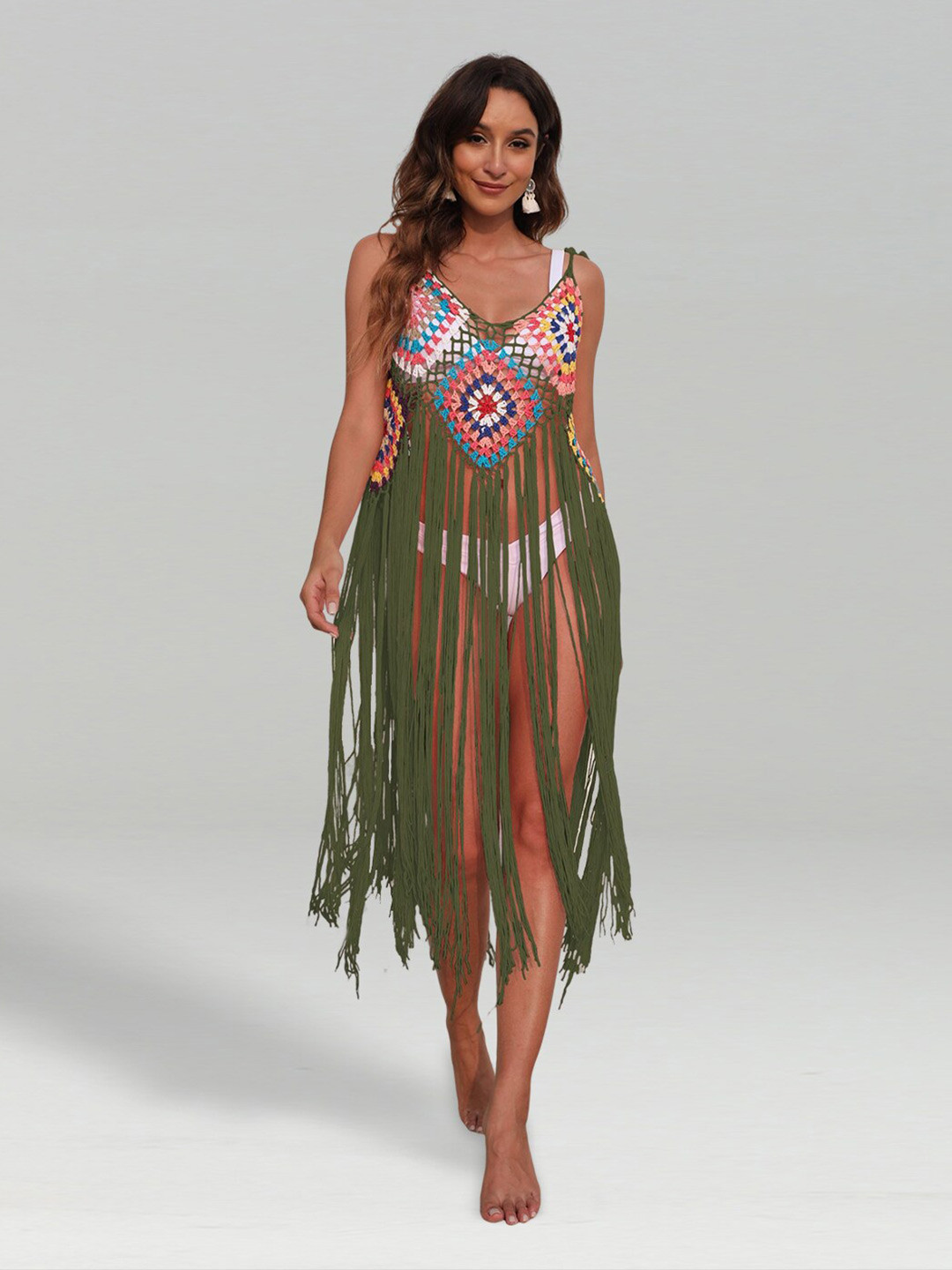 JC Collection Self-Design Swimwear Longline Cover Top With Tasselled