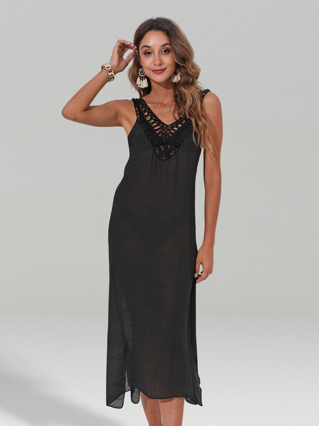 JC Collection V-Neck Fringed A-Line Swimwear Cover Up Dress