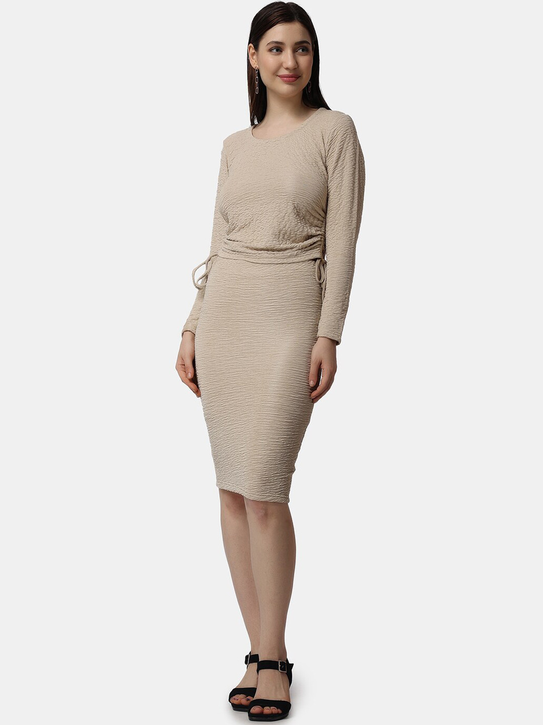 Popwings Self Design Ruched Crop Top With Pencil Skirt