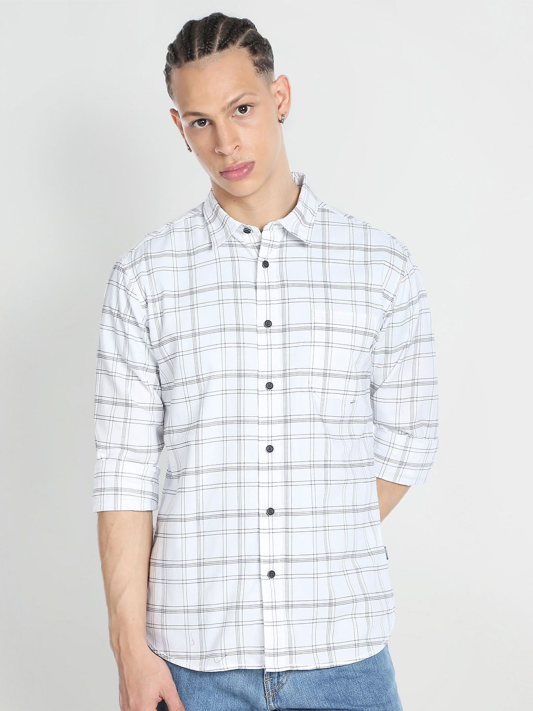 Flying Machine Windowpane Checks Cotton Casual Shirt