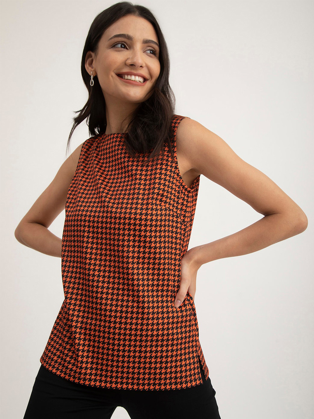 FableStreet Checked Boat Neck Sleeveless Orange Top