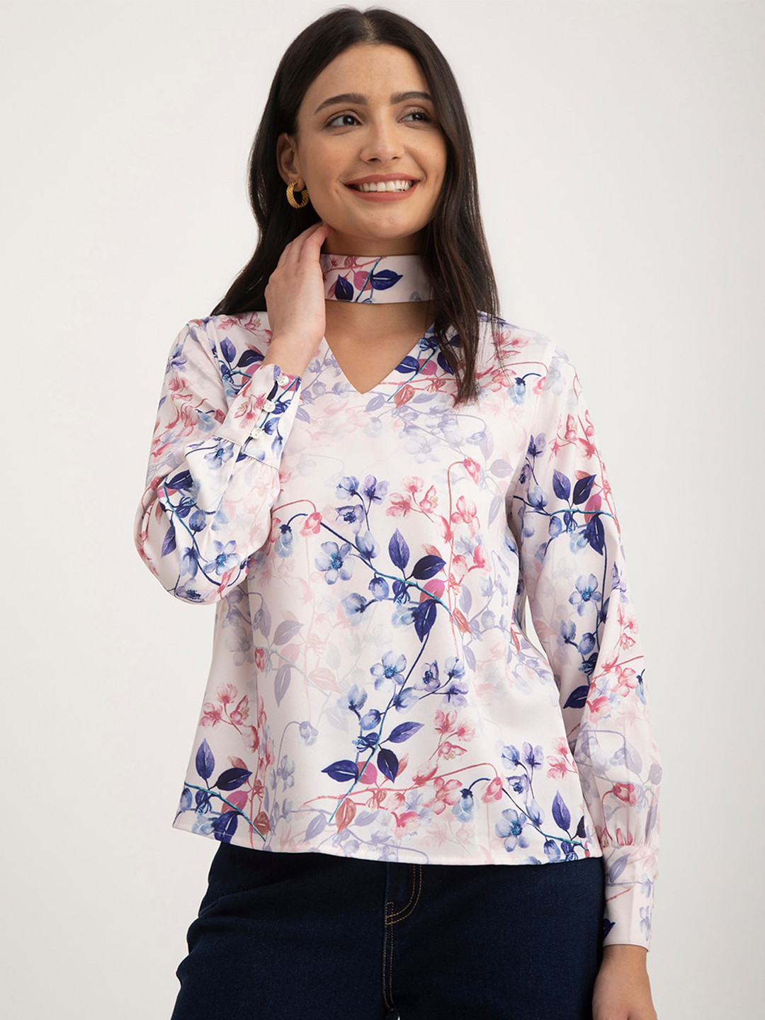 FableStreet Floral Printed Choker Neck Cuffed Sleeves Pink Top